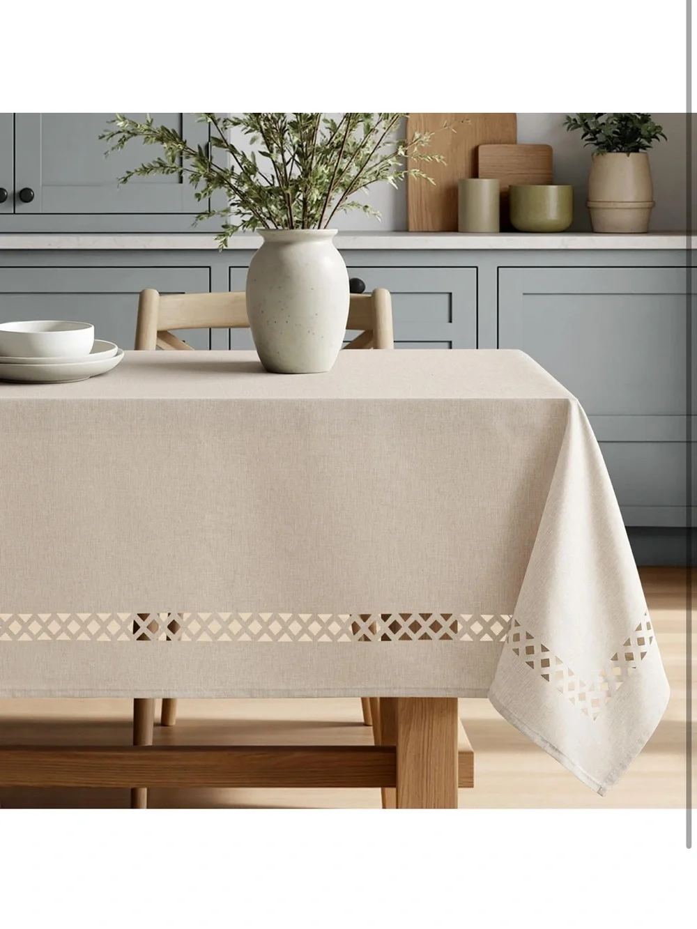 Beige Rectangle Linen Polyester Tablecloth With Decorative Cutouts 1494/bb8-1
